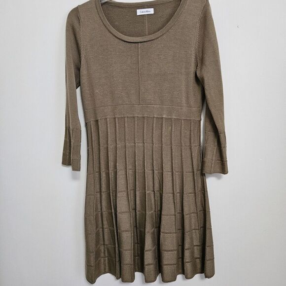 Calvin Klein Knit Sweater Dress Fit&Flare 3/4 Sleeves Lt Brown Tan Windowpane M - Picture 1 of 7